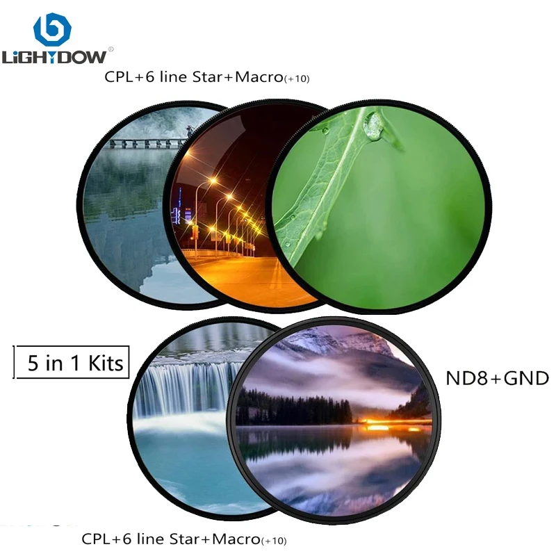 

Комплект фильтров для объектива камеры Lightdow 5 в 1 CPL + Close Up + 10 + ND8 + 6 линий Star + GND 0,9 Градуированный Серый фильтр для объектива Canon Nikon