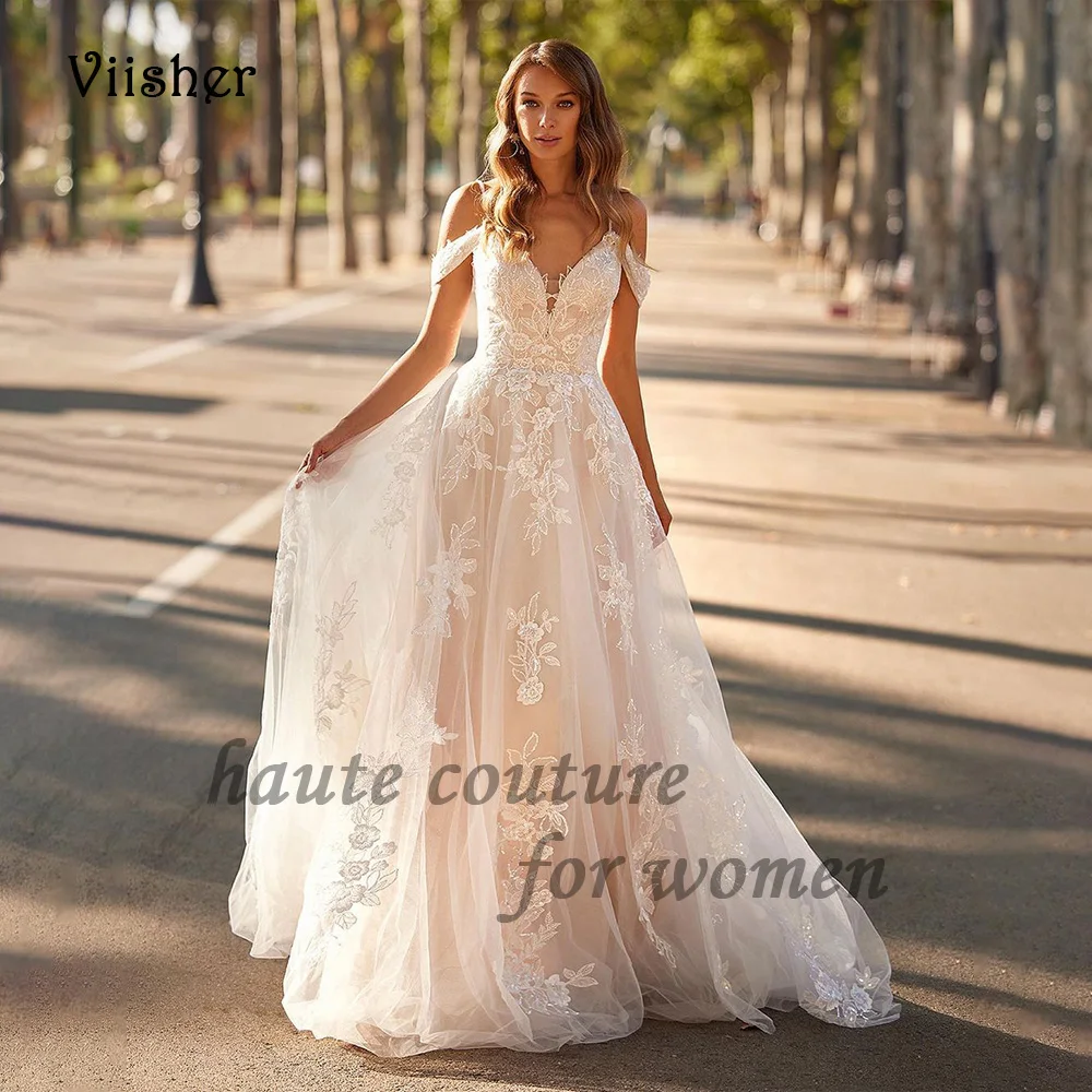 

Boho Wedding Dresses Cold Shoulder V Neck Flowers Appliques Tulle A Line Bride Dress with Train Long Beach Boho Bridal Gowns