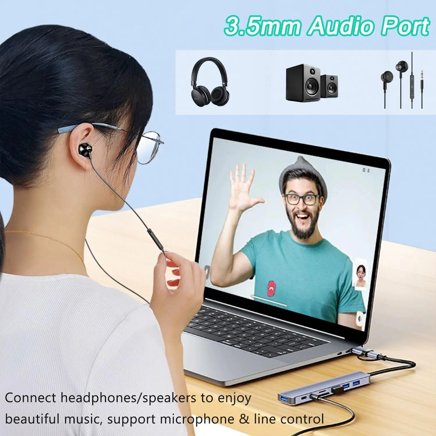 8-in-1 USB-C Hub with HDMI, SD/TF Card Reader, Audio Jack, and USB 3.0 Ports