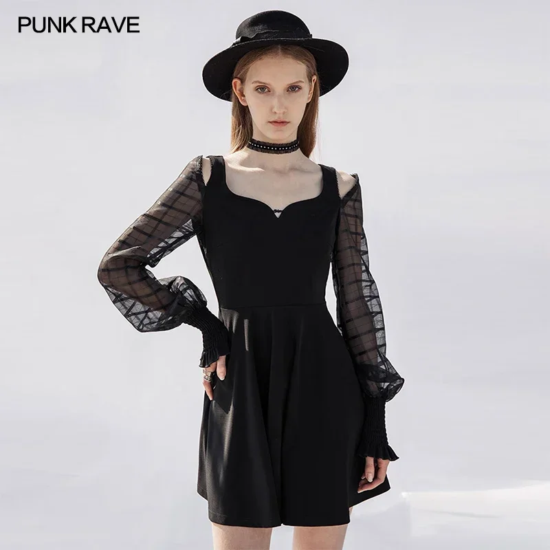 

Женское готическое черное платье-трапеция в стиле панк Рейв с V-образным вырезом, длинным рукавом и открытыми плечами, повседневное пикантное короткое платье для девушек