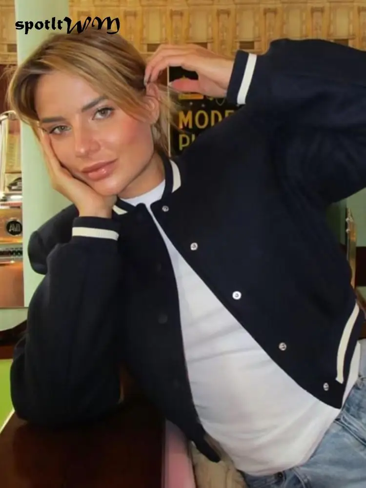 Spring Cropped Baseball Jacket Women Dark Blue Long Sleeves Jacket Chic