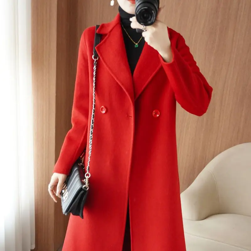 

Шерстяное пальто свободного покроя, однотонное модное пальто, двубортные куртки, женская верхняя одежда, шикарная Корейская одежда V11