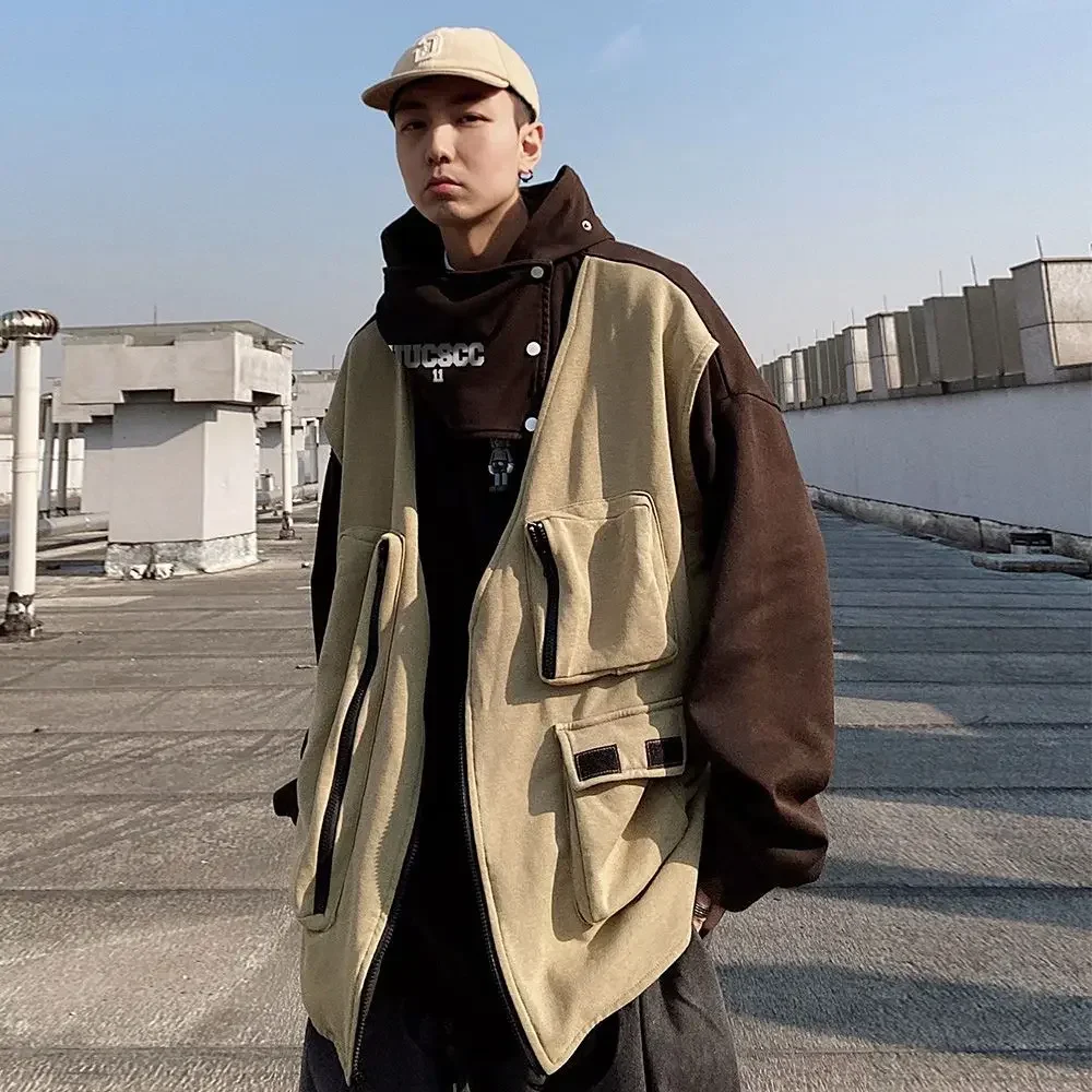 New Fall and Winter Sweater Multi-pocket Fake Two-piece Men's Vest Hooded Sweater Loose Large Size Workwear Jacket Streetwear