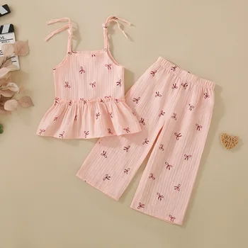 Spring and Autumn Female Infants Pink Bow Printed Suspender Skirt and Pink Trousers Two-piece Set 1