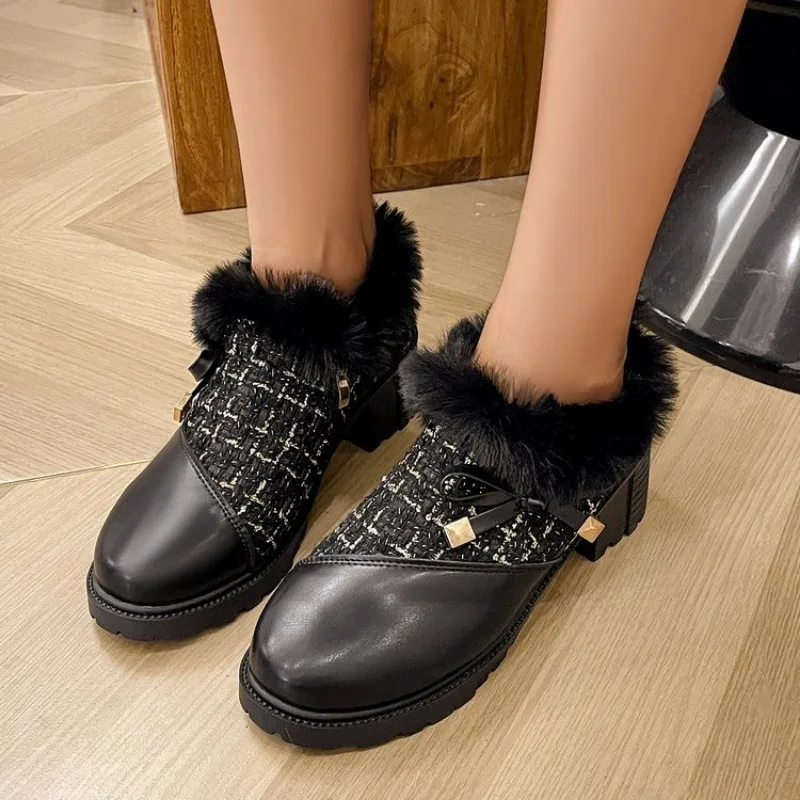 Wool Winter Keep Warm Snow Boots Full Grain Leather Round Toe High Heels Sheep Fur Lace Up Plus Size Ankle Boots