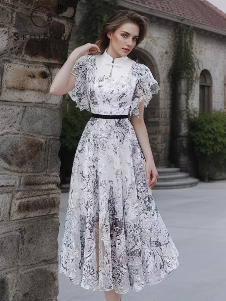 

SEQINYY Elegant Midi Dress Summer Spring New Fashion Design Women Runway Short Ruffles Sleeve Vintage Flower Print Chiffon