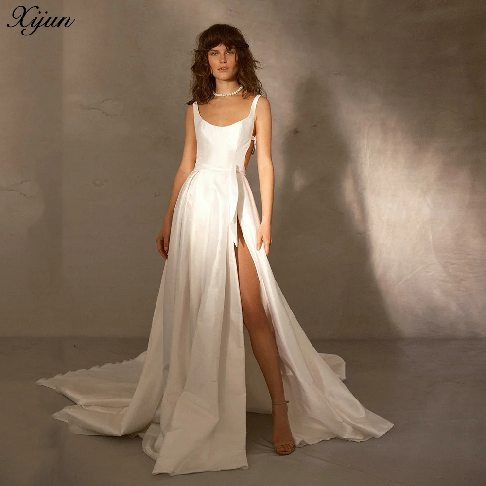 

Xijun Elegant A Line Satin Wedding Dresses Simple Spaghetti Strap Scoop Neck Pleats Bridal Gowns Long High Slit Bride Dress