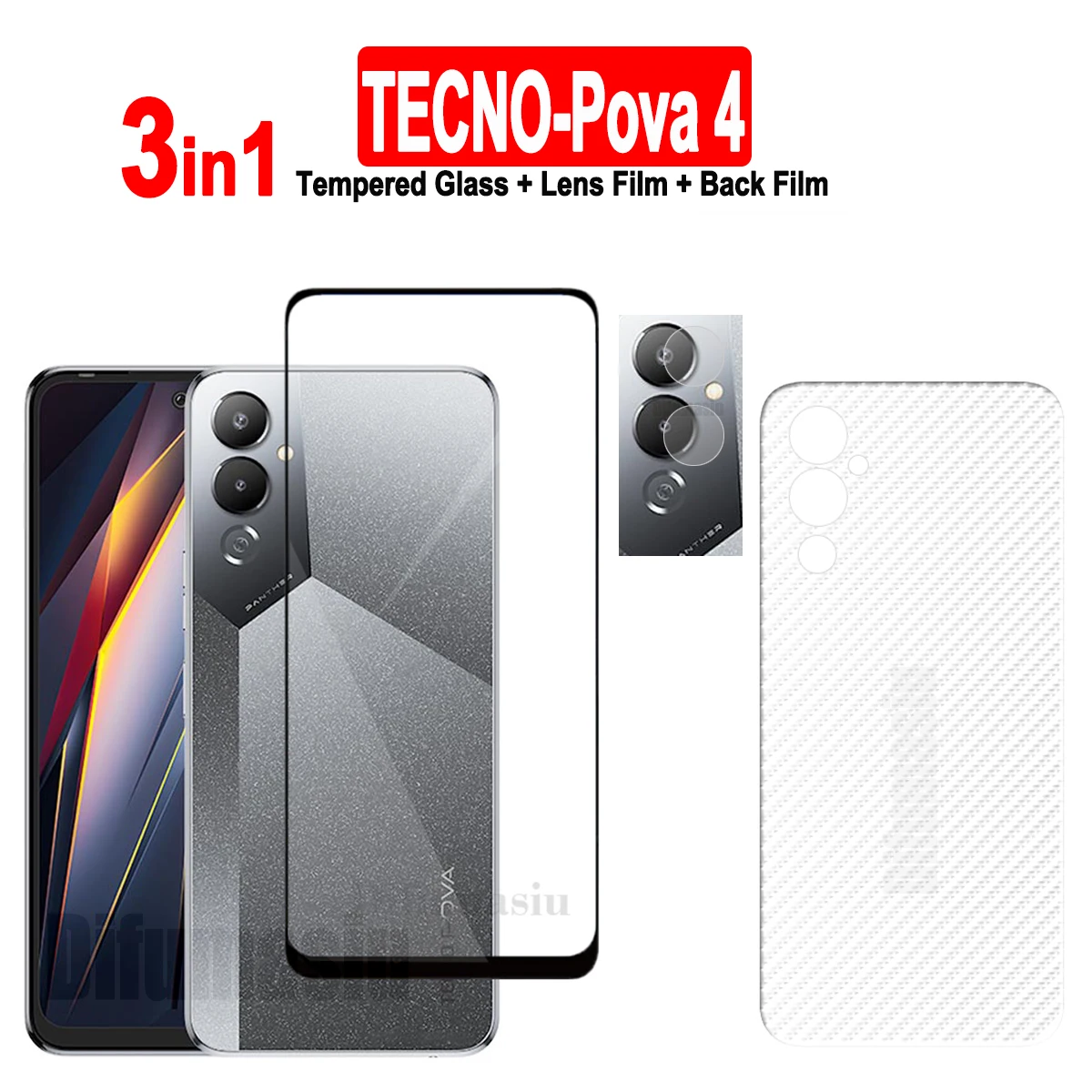 

For Tecno Pova 4 Tempered Glass Screen Protectors Soft Camera Lens Protector Full Cover Screen Glass 3in1 Back Film