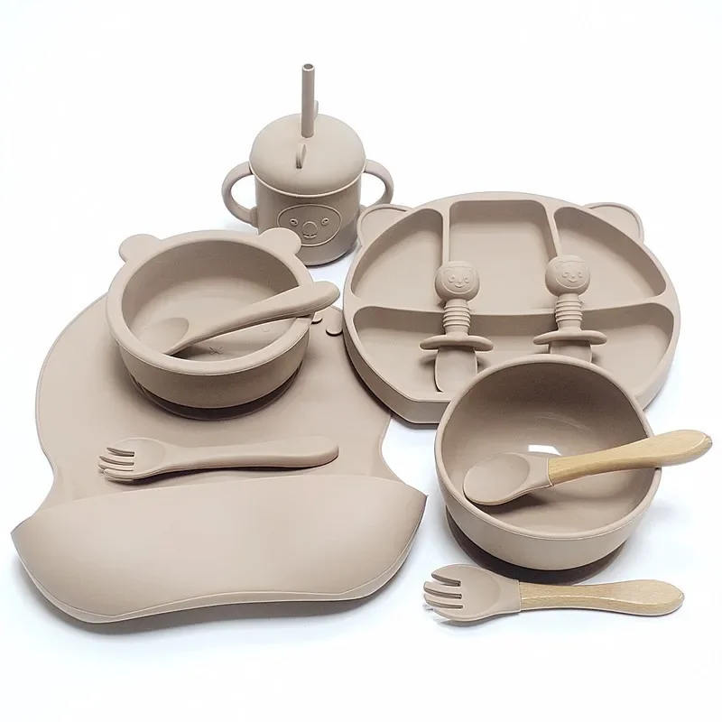 11pcs Children's Tableware Set Baby Silicone Bowl Set Baby Complementary Bowl Food Grade Silicone Fork Spoon Bowl 3