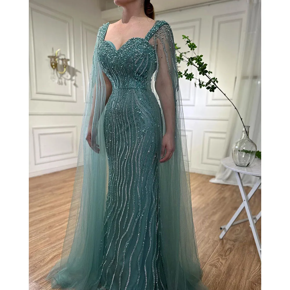 Serene Hill Blue Arabic Luxury Beaded  Mermaid Cape Sleeves Sexy Evening Dresses Gowns 2023 For Women Wedding Party LA71715