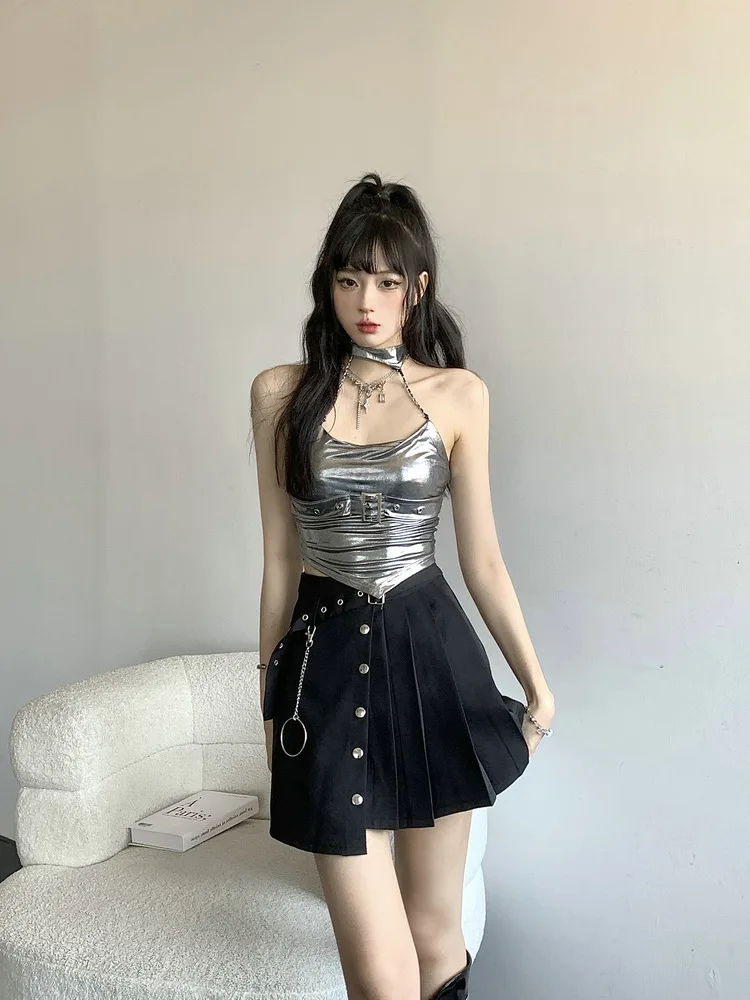 Summer new high-end feeling pure desire silver V-shaped waist cinching spicy girl hanging neck suspender tank top, feminine bra