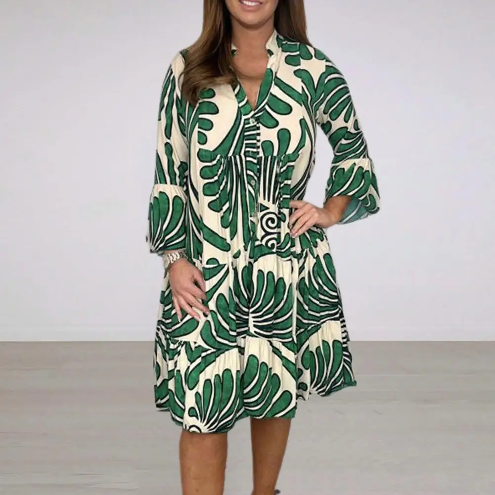 

Spring Retro Geometric Print Pleated Long Dress Women V Neck Button Office Shirt Dress Autumn 3/4 Flare Sleeve