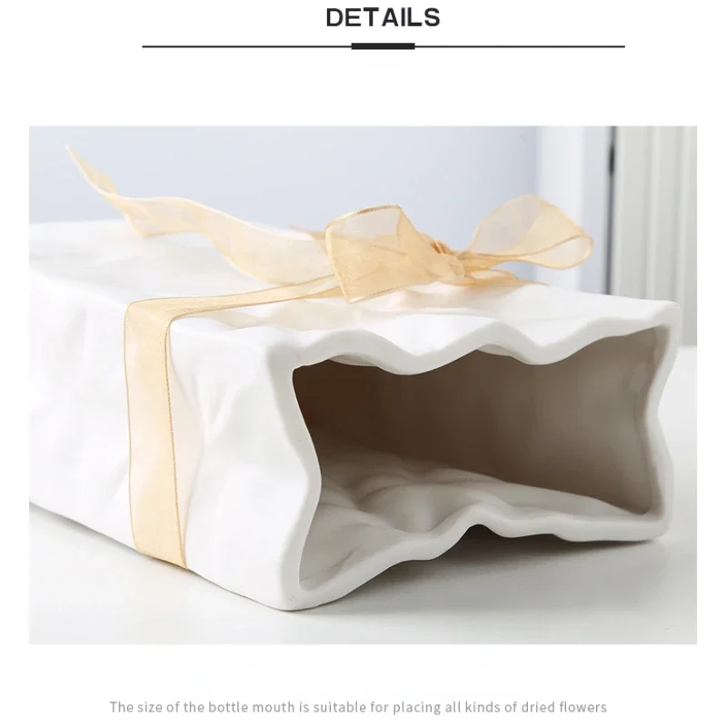 Simple White Vases Cream Style Imitation Paper Bag Pleated Ceramic Vase Hydroponic Vase Home Decoration Room Desktop Decoration 6