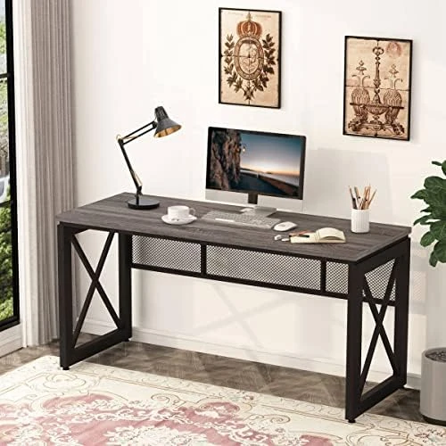 LVB Industrial Computer Desk, Rustic Wood Metal Home Office Desk, Farmhouse  Writing Study Gaming Table with Storage, Modern Wooden Executive Work Desk