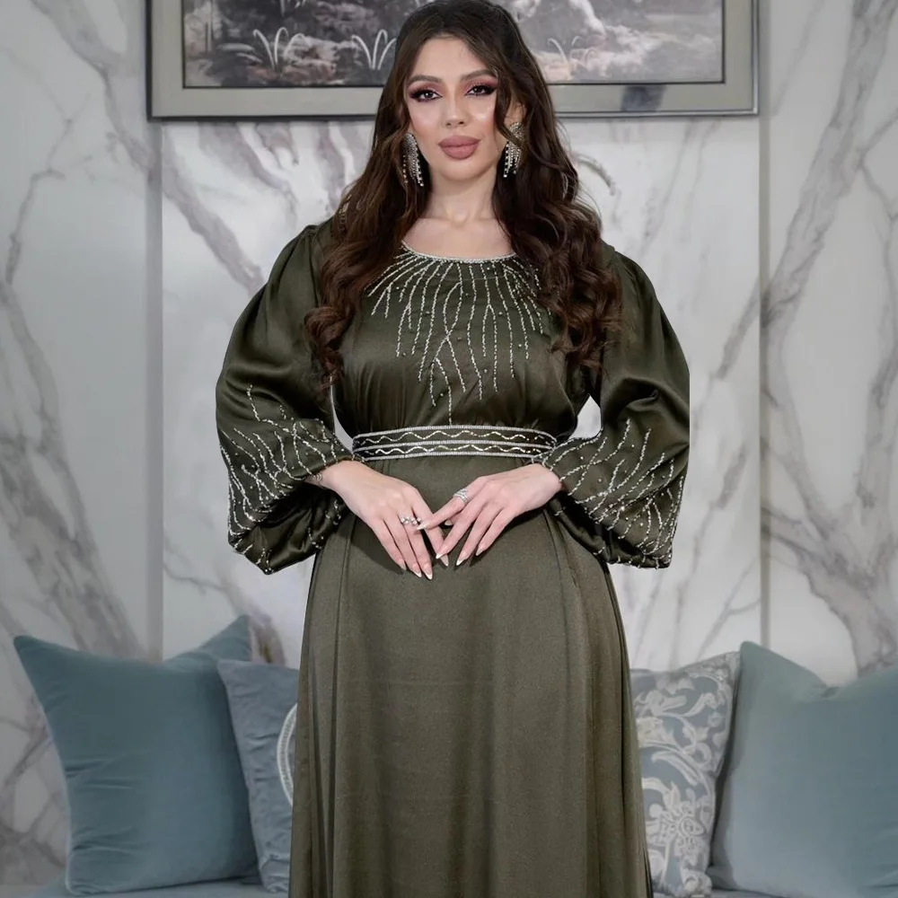 2025 Middle Eastern Dubai Women's Stylish Hotfix Diamond Belted Maxi Robe Evening Gown, Saudi Arabian Muslim Robe Long Dress 6