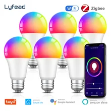 Lyfead-bombilla inteligente Tuya Zigbee de 15W, lámpara LED RGBW E27 con temporizador regulable, funciona con Alexa/Google Home