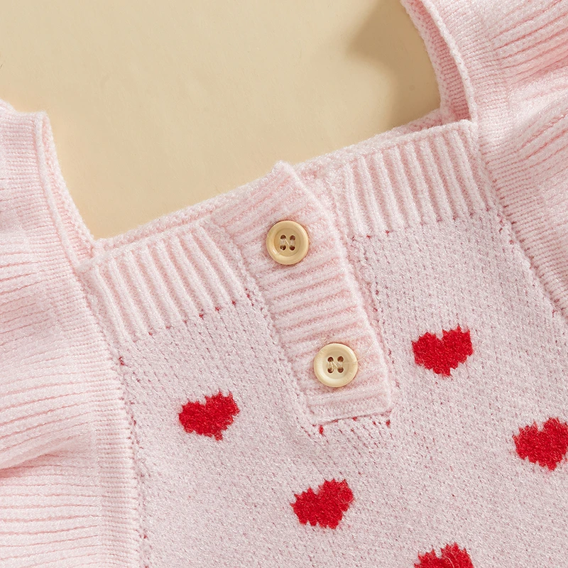 FOCUSNORM 0–18 Monate schöner Baby-Overall zum Valentinstag, Rüschen, Fliegenärmel, quadratischer Ausschnitt, Herzdruck, Strickpullover, Strampler – Detail 7