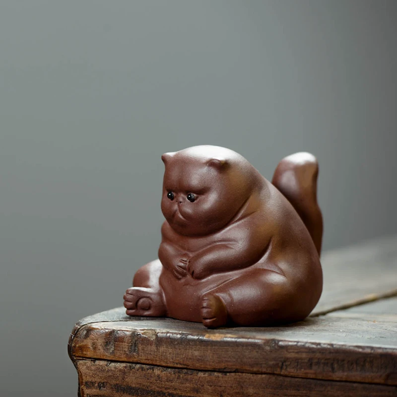 Yixing Purple Clay Tea Pet Lucky Cat Figurine Desktop Ornaments Handmade Sculpture Crafts Home Tea Set Decoration Gifts