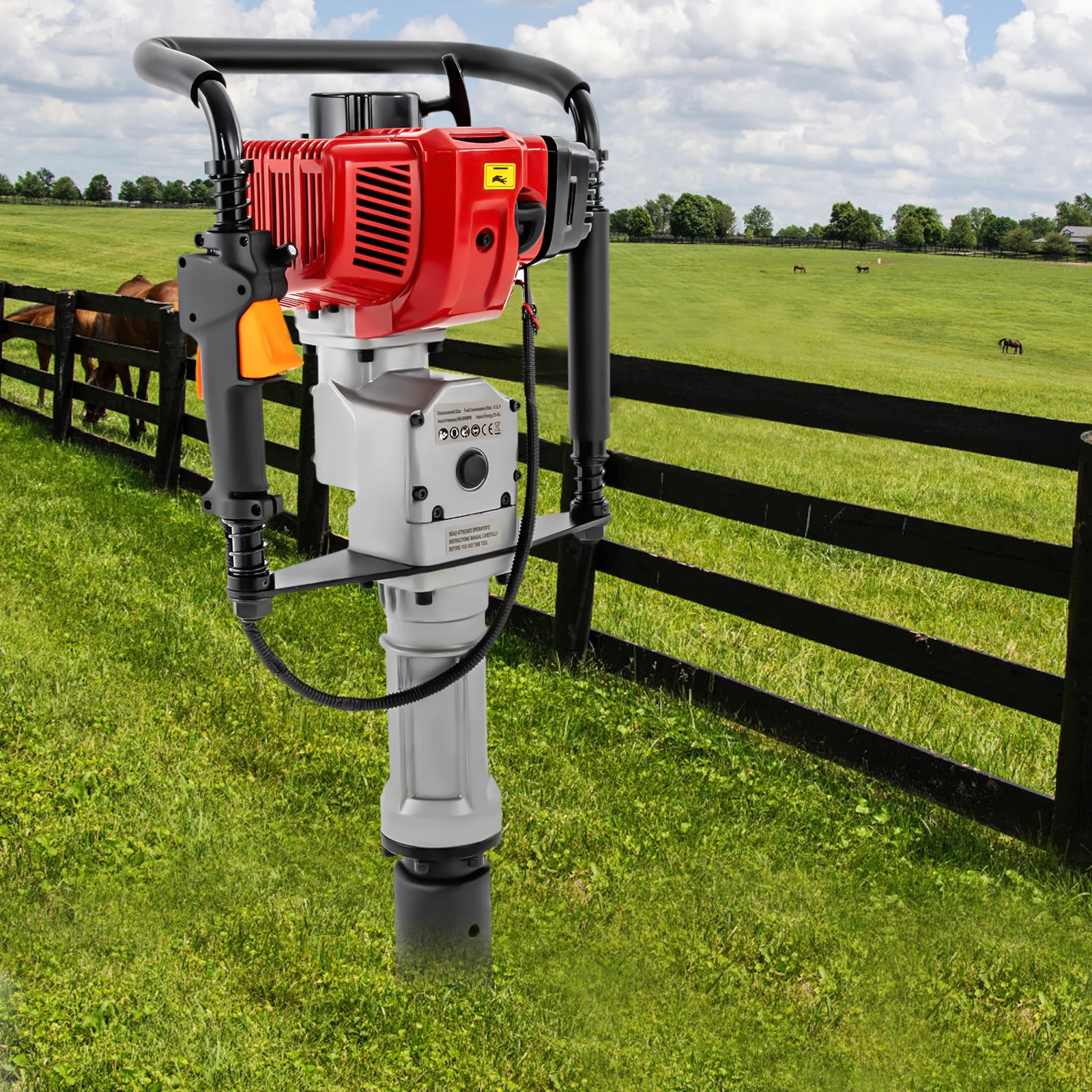 1900W Gasoline Pile Driver 52cc 2 Stroke Engine Post Driver Air Cooling Single-cylinder Petrol Garden Fencing Push Pile Tool 4