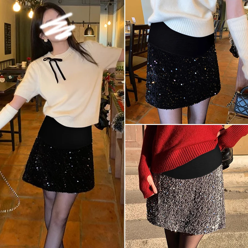 Spring Maternity Belly Skirts Fashion Sequined Skirt Sexy Pregnant Woman Slim Hips Mini Skirts