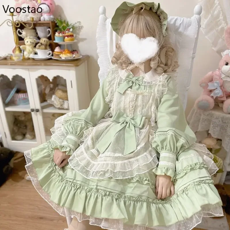 Sweet Lolita Princess OP Dress Women Vintage Elegant Lace Mesh Bow Dresses Harajuku Victorian Girly Kawaii Tea Party Dress