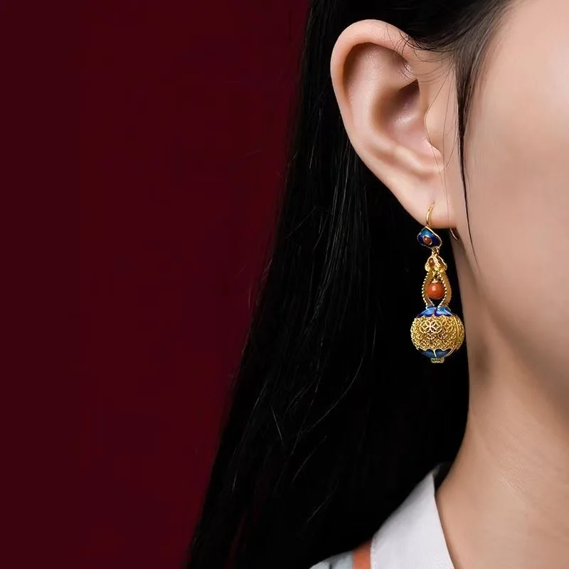 Chinese Style Vintage Copper Gilding Gourd Filigree Enamel Craftsmanship Hook Earrings for Women Party Cheongsam Girlfriend Gift