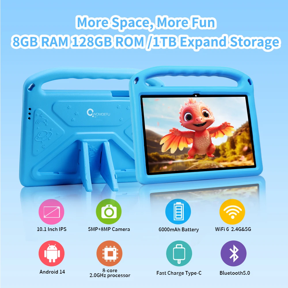 CWOWDEFU C18W Kids Tablet 8GB 128GB A523 Octa Core 10.1 HD+ Display 6000mAh WIFI-5G Android 14 Tablets for Children Girls 2024 2