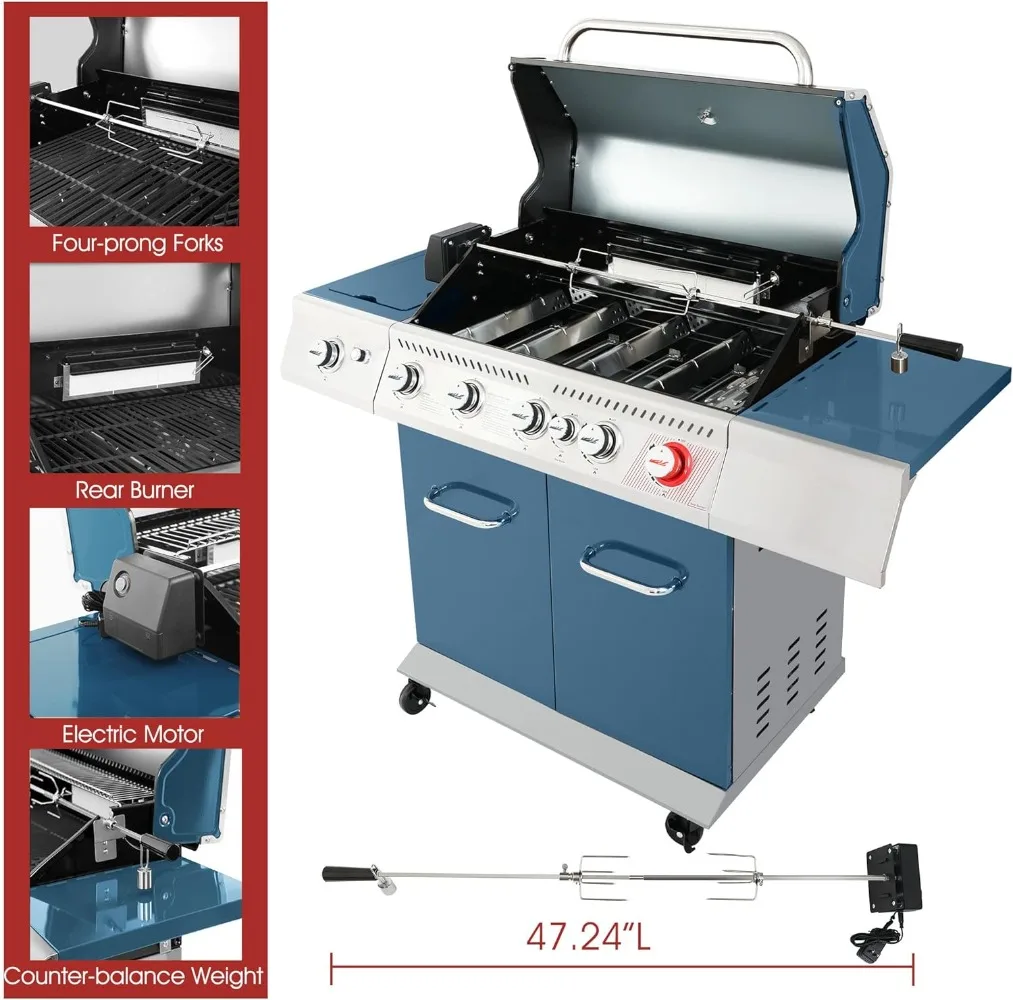 5-Burner BBQ Cabinet Style Propane Gas Grill with Rotisserie Kit Sear Burner Rear Burner and Side 74,000 BTU Patio Picnic