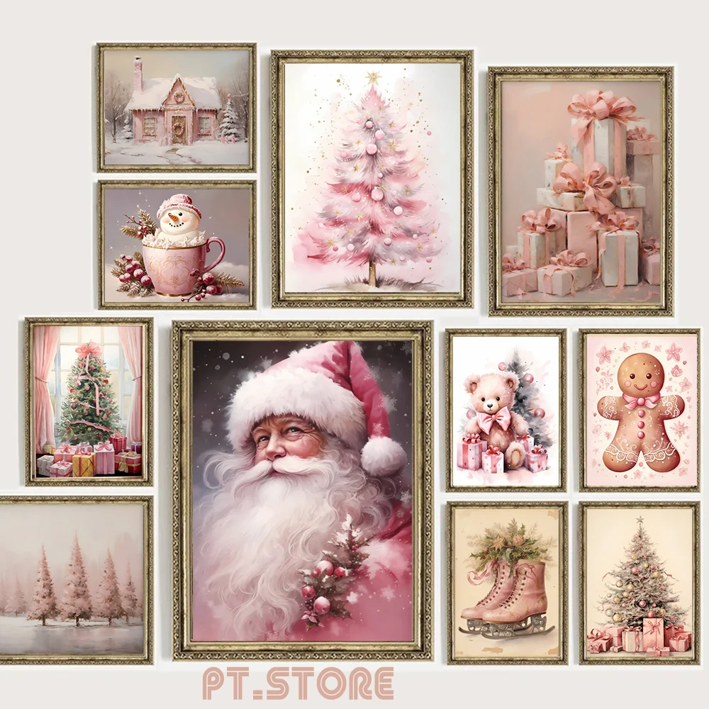 Vintage Pink Christmas Poster Painting Pink Gingerbread House Reindeer Santa Wall Art Canvas Print Living Room Home Decor Gift Christmas Wall Art