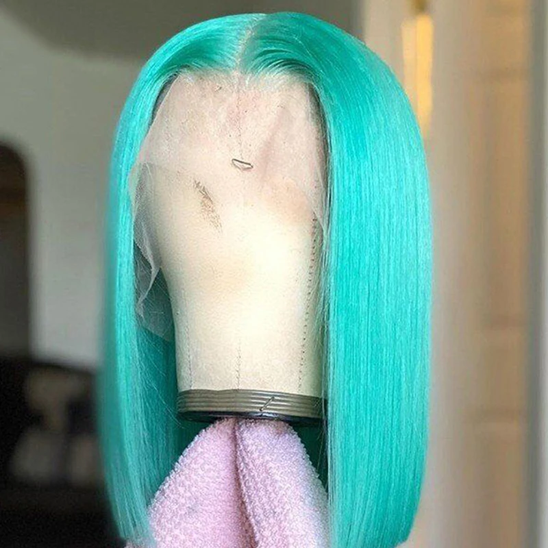 13X4 Short Bob Pixie Cut Straight Mint Green Colored Human Hair Frontal Wig T Part HD Transparent Lace Wigs For Woman Preplucked