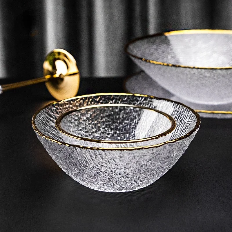 Gold Edge Glass Plate Rice Soup Dessert Salad Vegetable Bowl Dessert Cake Tray Tableware