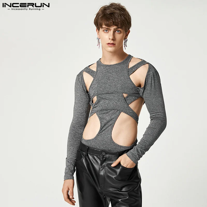 Sexy Leisure Style Loungewear Men's Hollow Onesies Stylish Male Jumpsuit Solid Long Sleeve Triangle Bodysuits S-5XL INCERUN