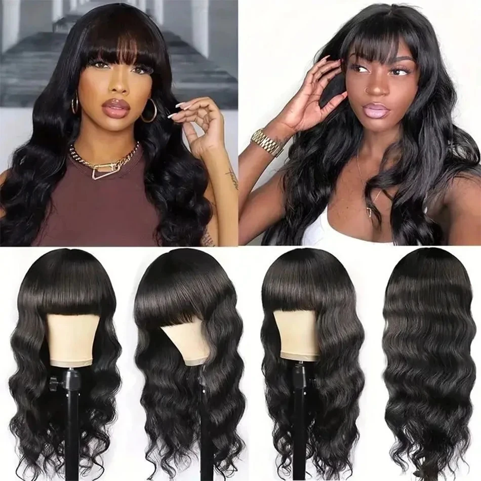 Body Wave Human Hair Wigs With Curtain Bangs Non Lace Black Wigs 30 32 Inch Brazilian Body Wave Remy Human Hair Wig with Bangs