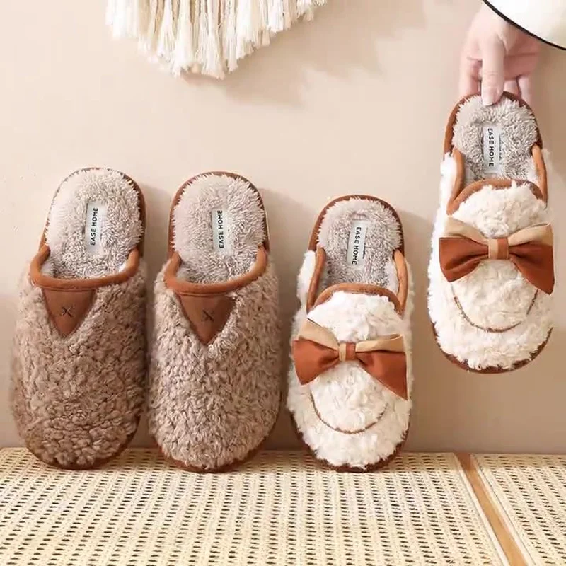 Cotton Slippers Women's Bow Household Warm Non-slip Couples Slippers House  Warm Women Fashion Casual Shoes