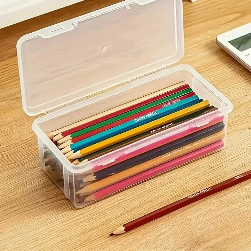 뚜껑이 있는 투명 플라스틱 수납함 4개 세트, 사무용품, 미술 공예품, 연필 등을 위한 쌓을 수 있는 투명 정리함