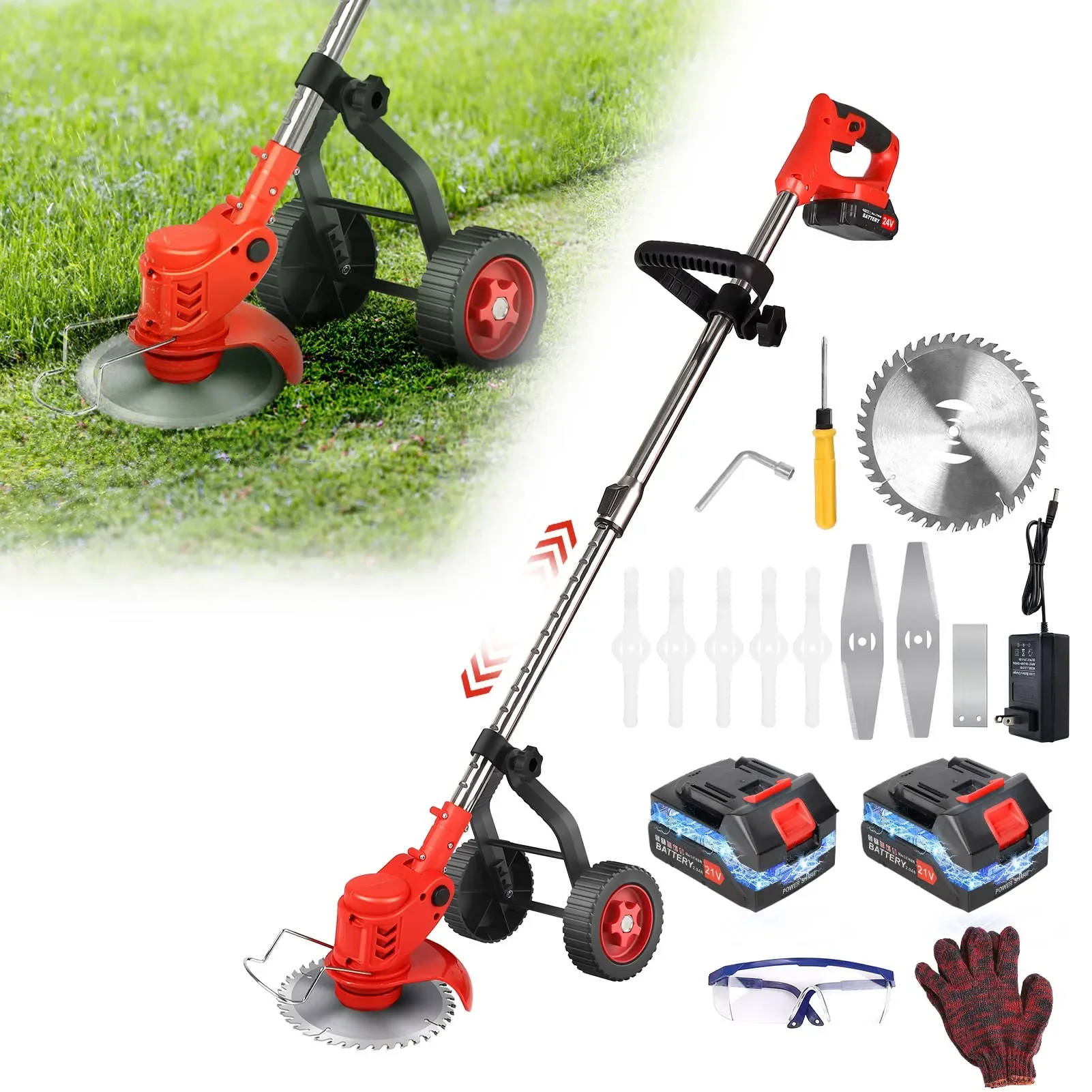 

Grass Trimmer Cordless Electric Lawn Mower Hedge Adjustable Handheld Garden Power Pruning with Upgraded Wheel Battery