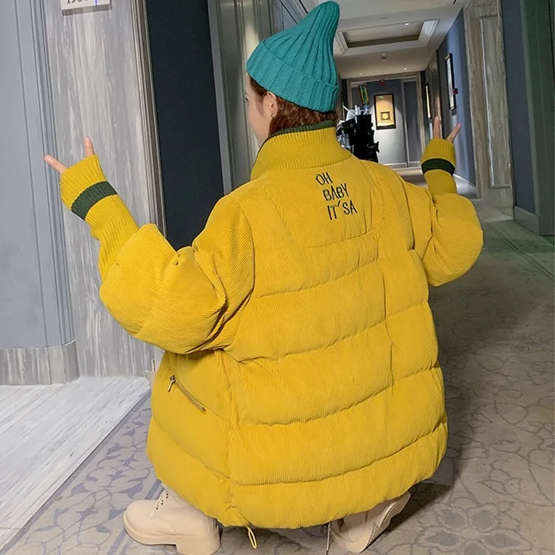 Thick Corduroy Short Parkas Women Letter Print Stand Collar Winter Coat Snow Wear Long Sleeve Outwear Korean Oversized Jacket