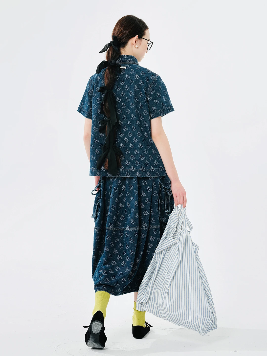 IMAKOKONI original design elastic waist blue denim cartoon print pocket skirt for women 244567
