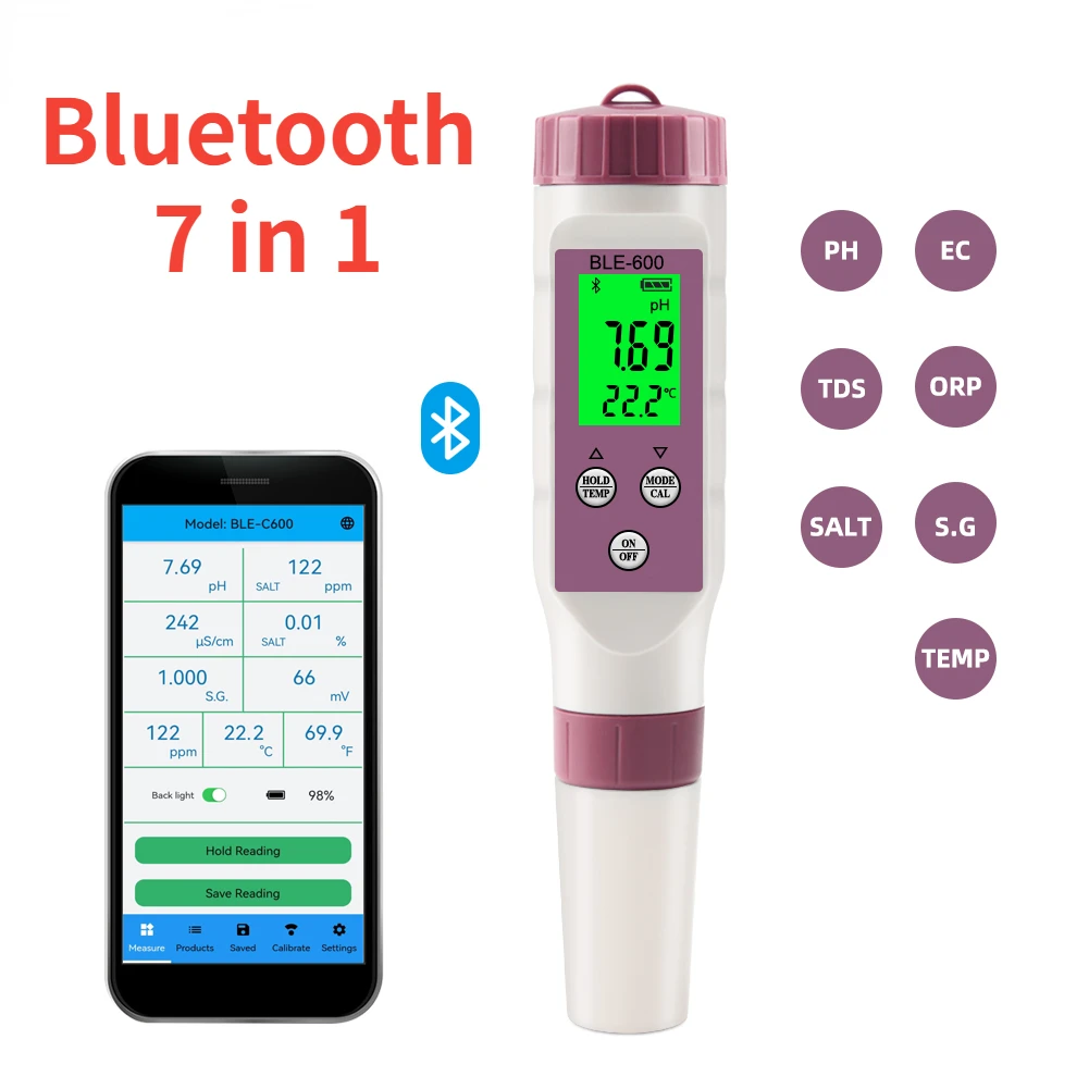 

7 in 1 Temp ORP EC TDS Salinity S.G PH Meter Online Blue Tooth Water Quality Tester APP Control for Drinking Laboratory Aquarium