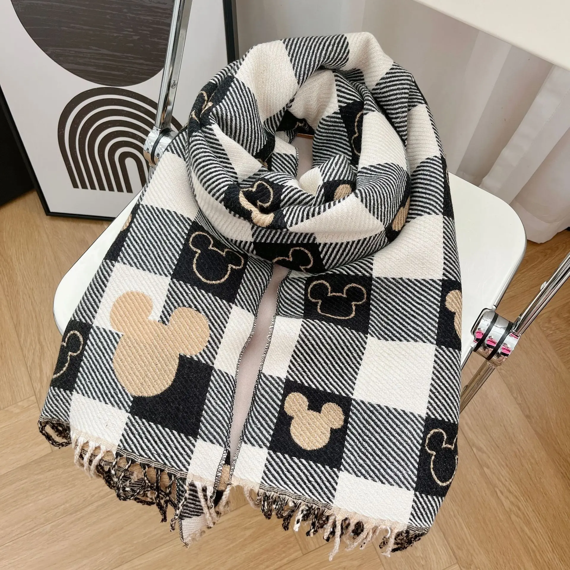 New Anime Mouse Scarf Winter Mickey Mouse Head Scarf Women's Shawl Retro Dress Fashion Checkered Scarf Girl Gift 2025 4