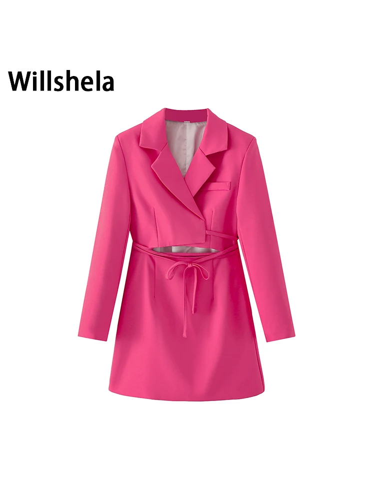 

Willshela Women Fashion Solid Hollow Out Bandage Dress Blazer Vintage Long Sleeves Notched Neck Female Office Lady Outfits