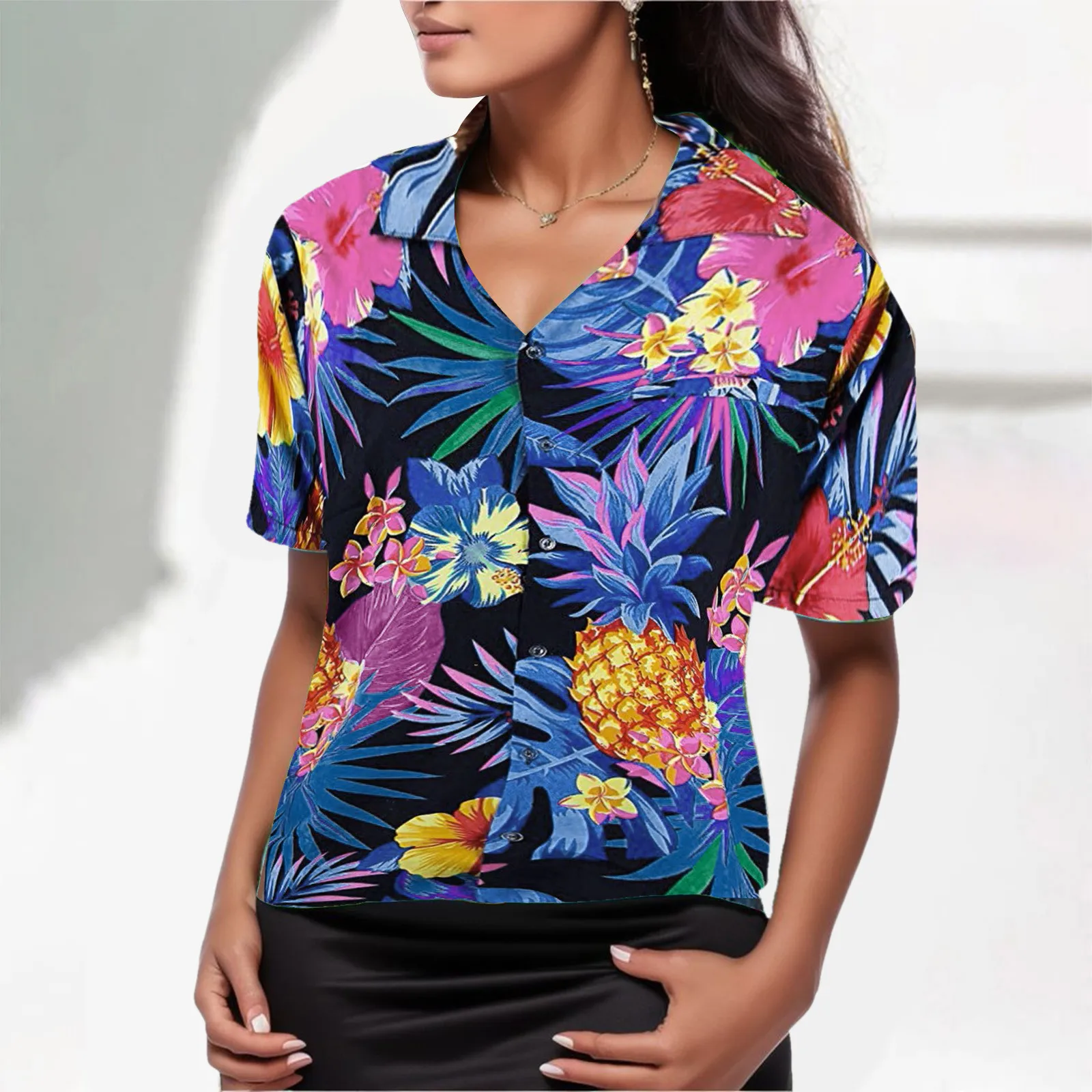 Flowers Leaves Blouse Pineapple Funny Shirt Women'S Button Up Pullovers Shirts Elegant Boho Blusas Long Sleeve Blouse Female