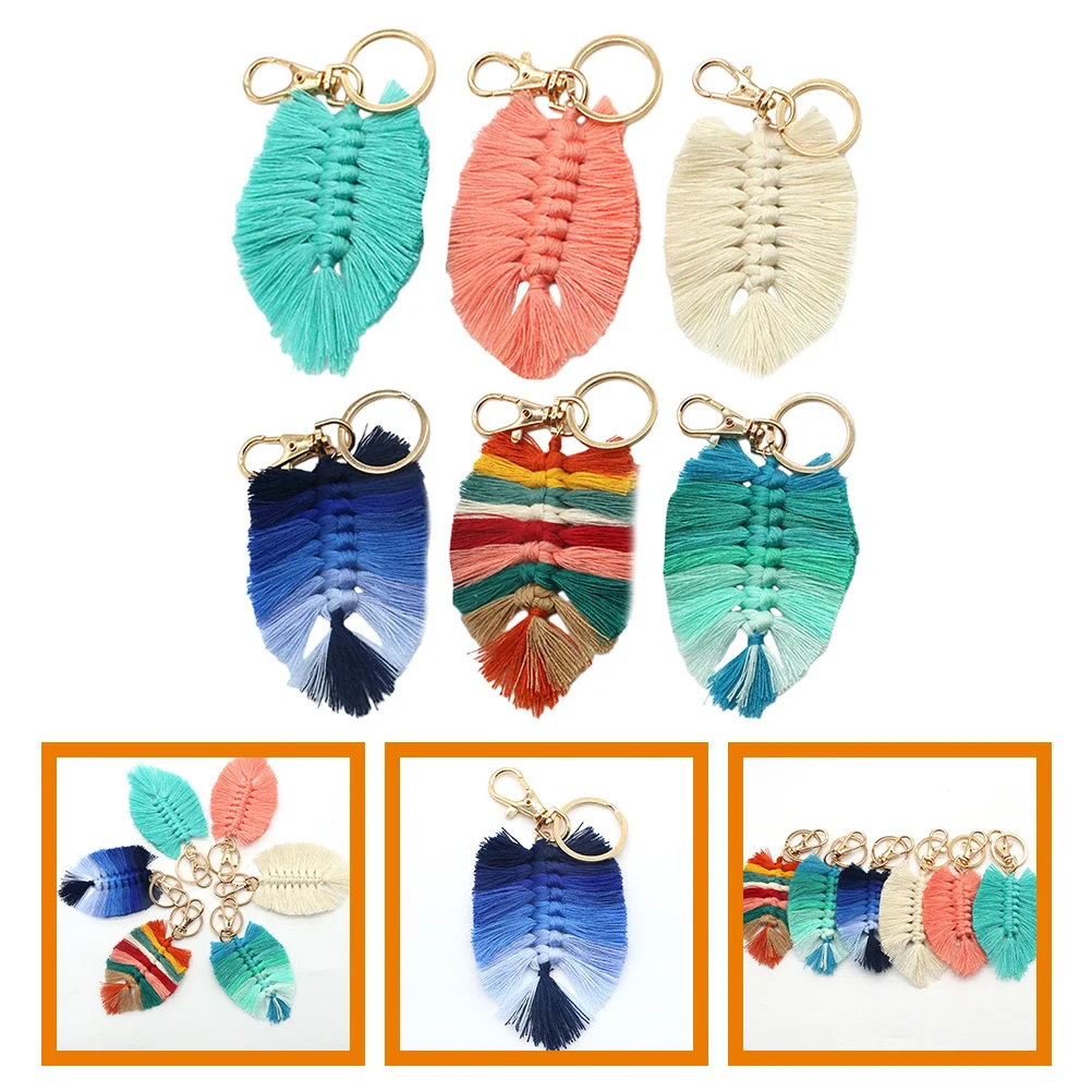 

6 Pcs Handwoven Cotton Rope Tassel Keychain Leaf Pendant Purse Decoration Weave