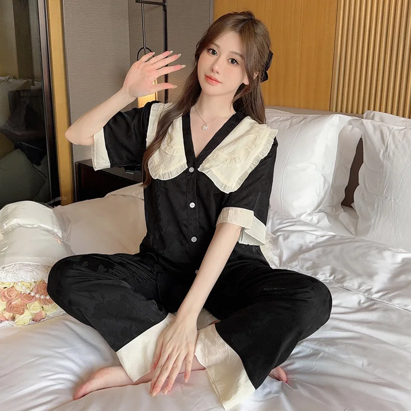 Sexy Black Satin Pajama Sets Ensembles 2 Piece Two Piece Shorts Pants Trouser Ruffled Elegant Lounge Women Pijama Sleepwear