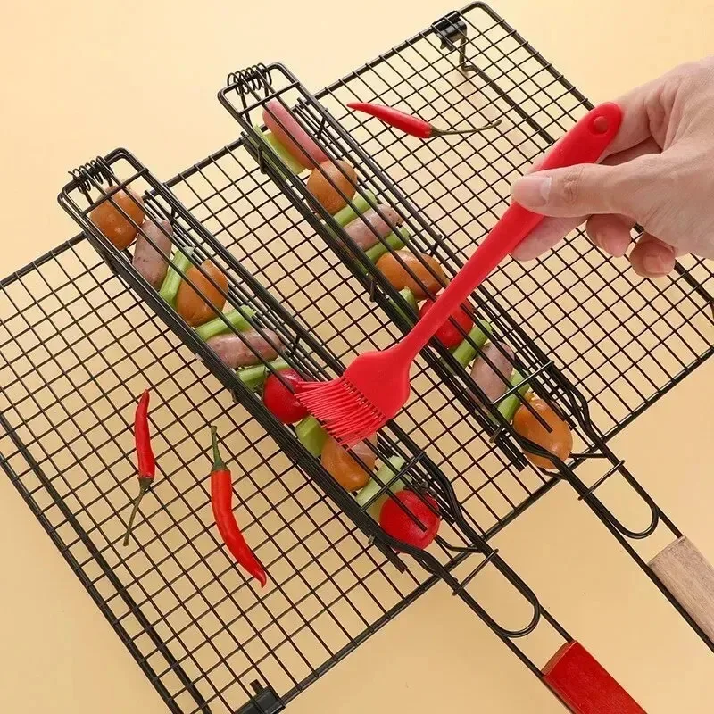 1PCS 야외용 나무 손잡이 스테인레스 스틸 바베큐 케이지 캠핑 바베큐 도구 사각형 논스틱 바베큐 그물망 피크닉 바베큐 그릴