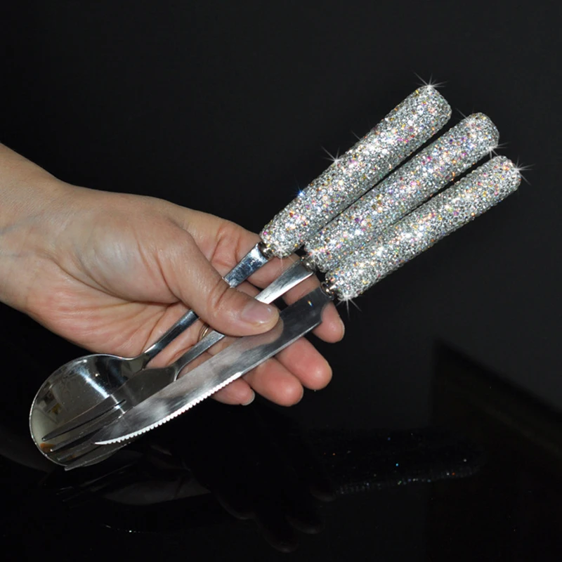 Description Picture 4 of itemLuxury Spoon Fork Knife Chopsticks Set 304 Stainless Steel Cutlery Tableware Sparkling Diamond Flatware Dinnerware Set With Case