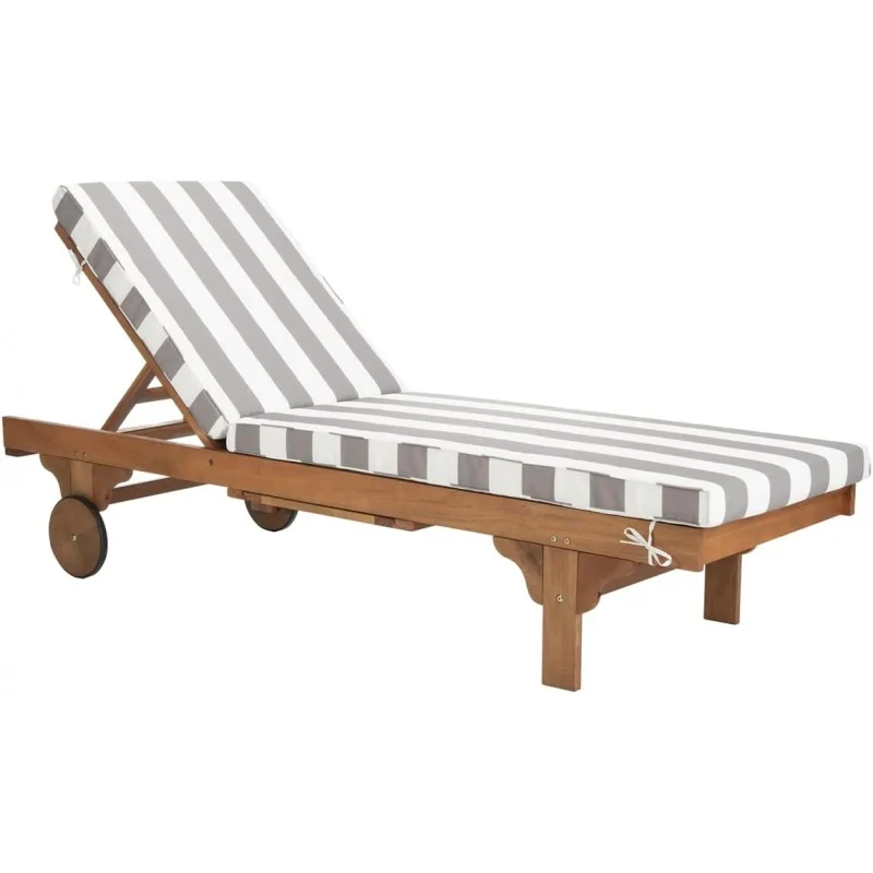 

SAFAVIEH Outdoor Collection Newport Natural/ Grey & White Stripe Cushion Built-in Side Table Adjustable Chaise Lounge Chair