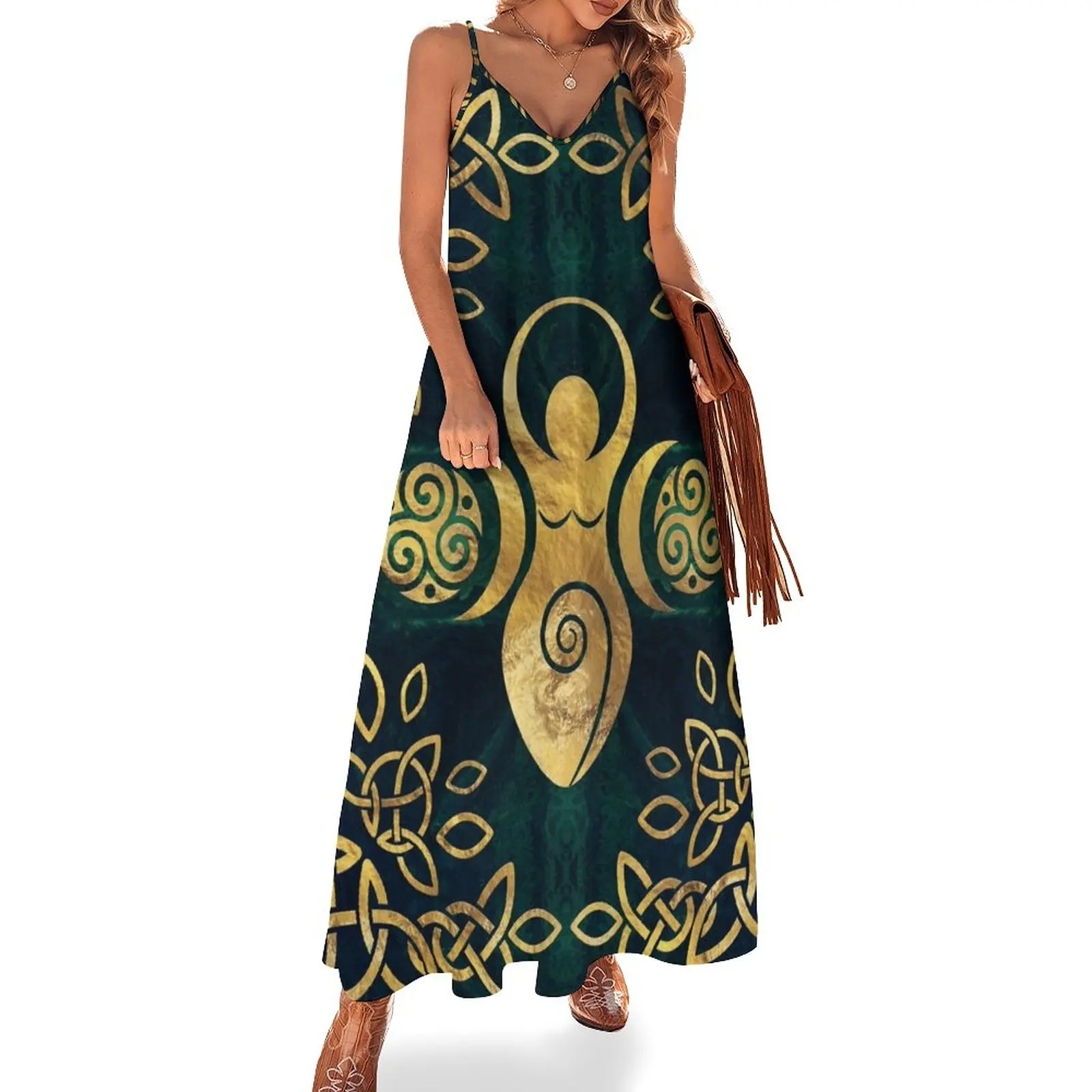 

Triple Goddess with triskele - gold on shimmer green Sleeveless Dress women long dresses women's evening dresses 2023