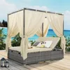 Outdoor Patio Wicker Sunbed Daybed with Canopy, Overhead Curtains, Cushions, Lounge Chairs with Adjustable Seats for Backyard 1