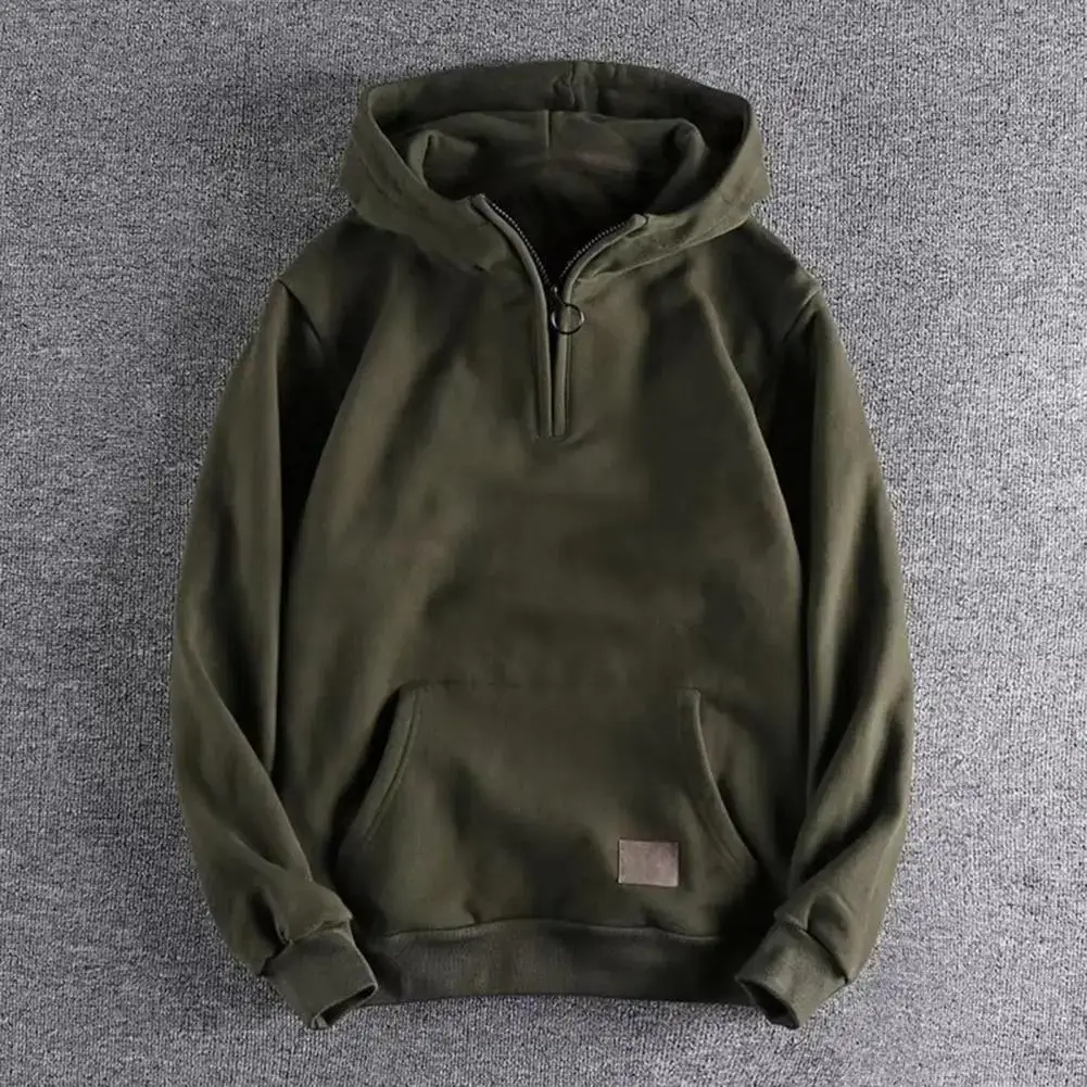 

Men Hoodie Solid Color Hooded Sweatshirt Thickened Hooded Men's Winter Hoodie with Zipper Decor Elastic Cuff Big Pocket Warm